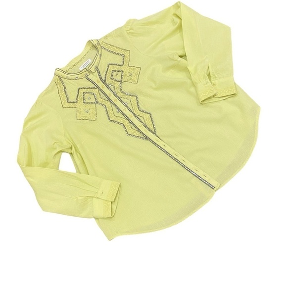 Anthropologie Pilcro Nayeli beaded rhinestone lace linen chartreuse shirt 1x - Picture 3 of 15
